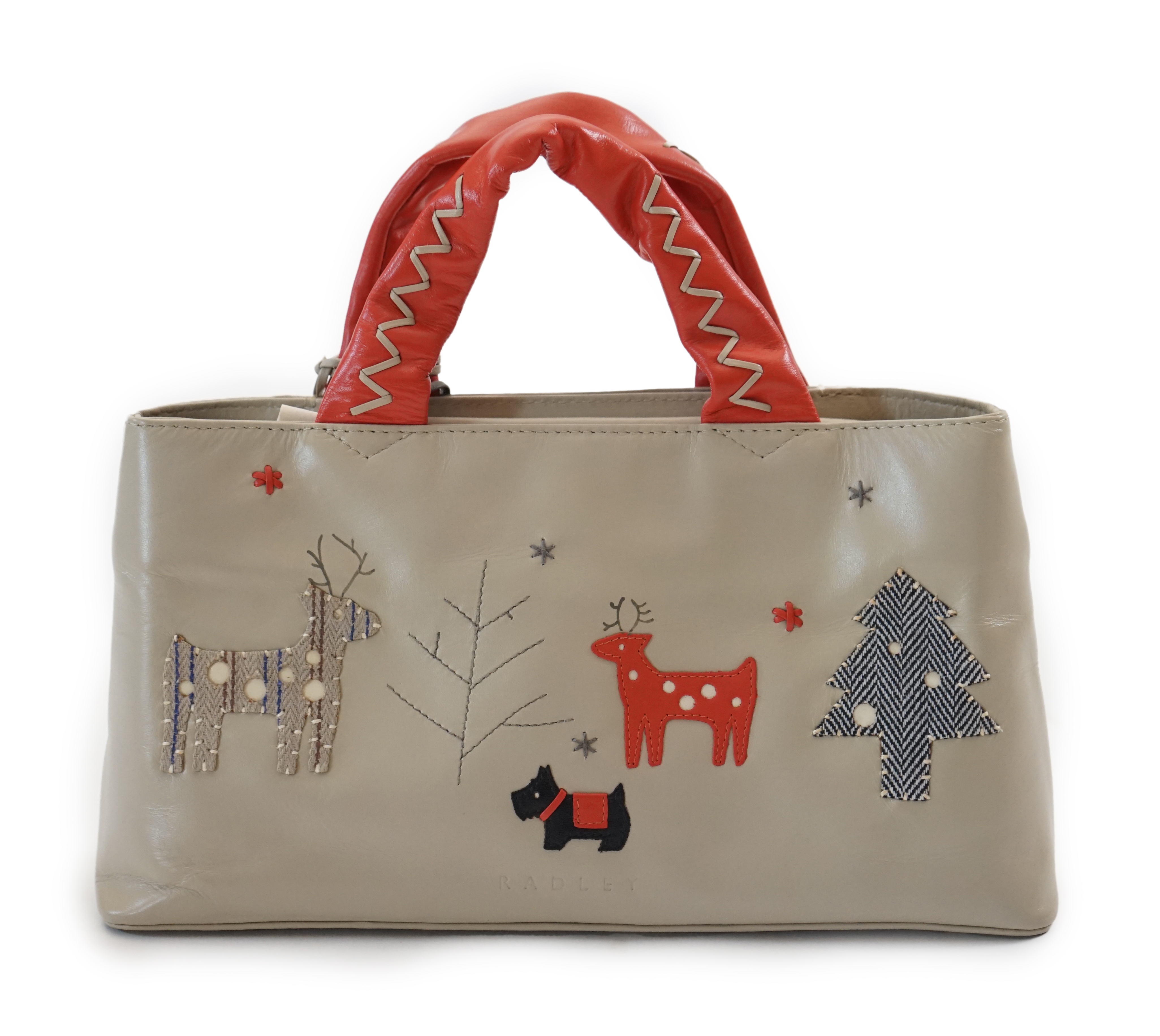 A Radley 'Seasons Greeting Reindeer Christmas' leather grab handle bag 2005, width 30cm, depth 8cm, height 16cm
